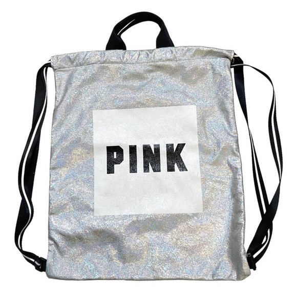 VS Pink metallic silver drawstring tote backpack - Picture 1 of 10